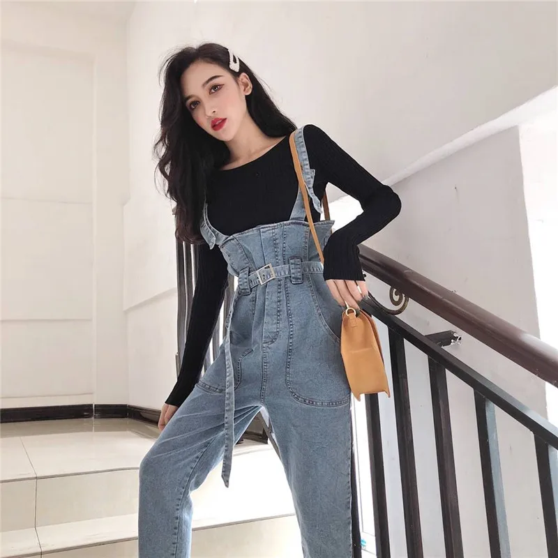 

Women Dungarees Fashion Chic Denim Jumpsuit Summer Sashed Harem Playsuit Hong Kong Vintage Jeans Overalls Sleeveless Bodysuit