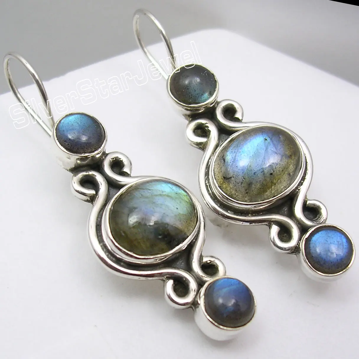 Solid Silver NATURAL BLUE FIRE LABRADORITE Gem HANDCRAFTED Earrings