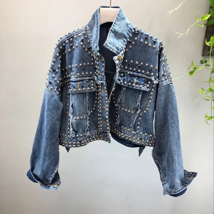 Perles blue Vestes Lourde Noir red Denim À Court Femmes Manteau Jeans Rivet Veste Main Mode Automne La De Black ZpwYT4vq