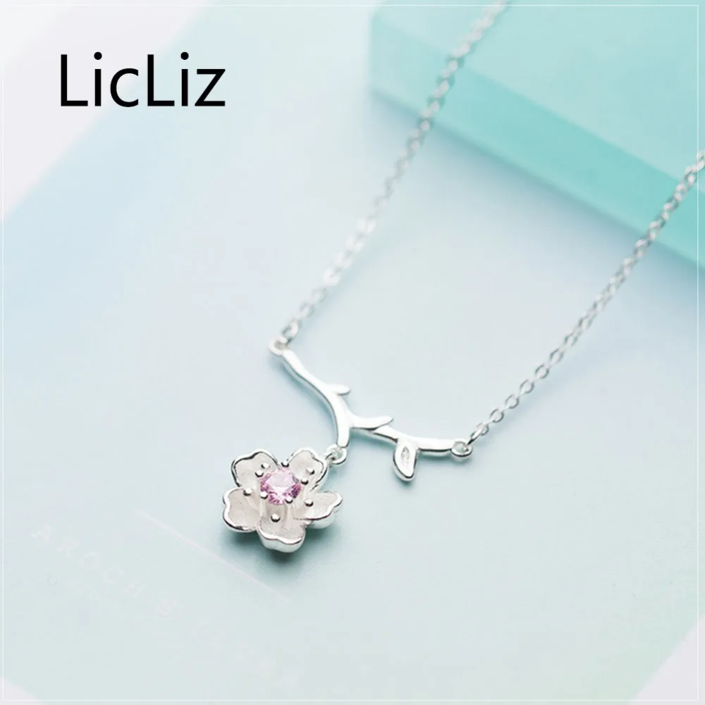 

LicLiz New 925 Sterling Silver Pink Peach Blossom CZ Crystal Pendant Necklace for Women New White Gold Link Chain Jewelry LN0450