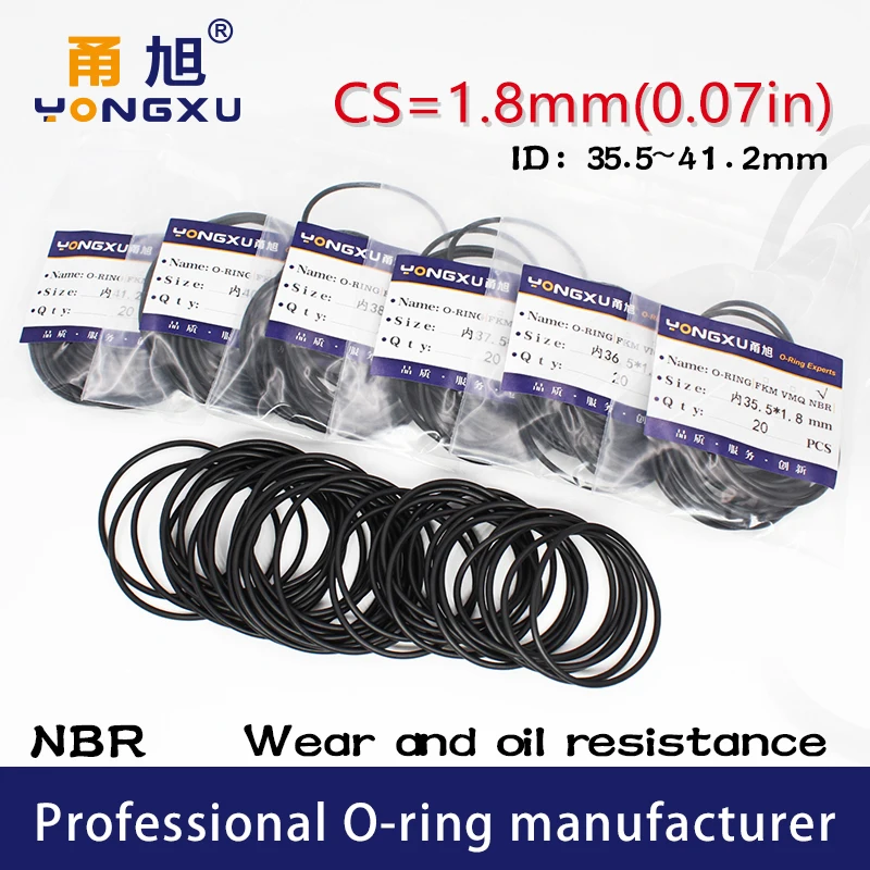 

20PCS/lot Black NBR Sealing O-Ring 1.8mm Thickness 35.5/36.5/37.5/38.5/40/41.2mm ID O Ring Seal Rubber Gasket Rings Washer