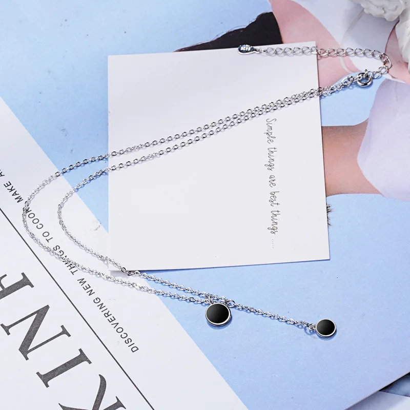 Простой стиль серебряный черный капля глазурь Круглая Подвеска 925 Геометрическая кисточка ожерелье для женщин Девушка трендовый подарок