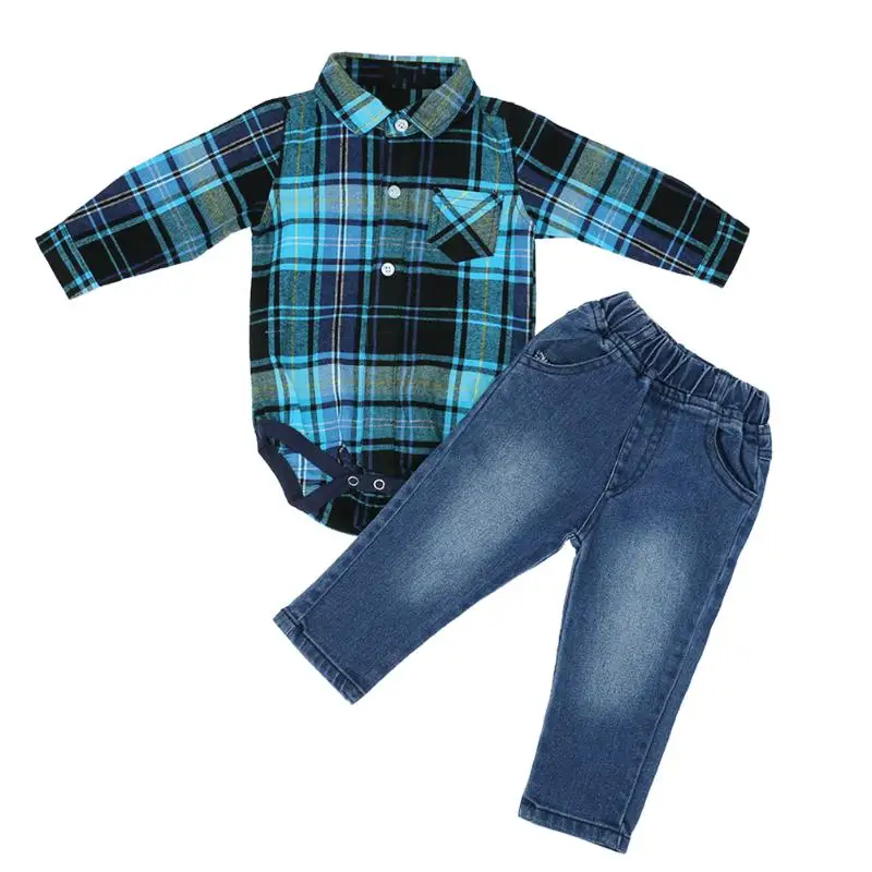 

2pcs Spring Autumn Baby Boys Long Sleeve Plaid Warm Soft Romper + Denim Jeans Pants Suit Kids Boy Clothing Set