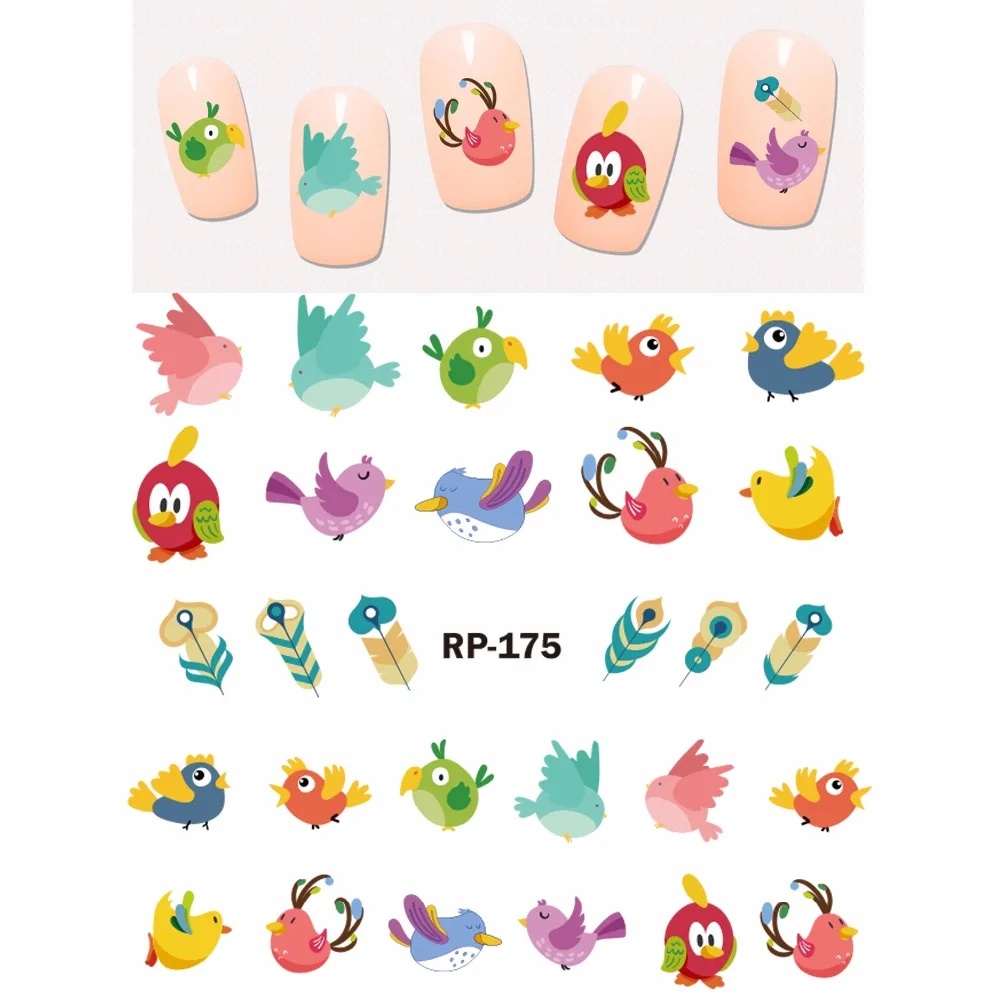 UPRETTEGO дизайн ногтей Красота наклейка на ногти водная наклейка слайдер мультфильм Милая Птица Попугай Фламинго Сова перо RP175-180