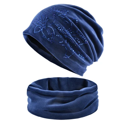 Шапка женская зимняя модная шапка со стразами и цветком, шарф, зимняя теплая вязаная шапка набор шарфов для девочек, толстая бархатная шапка, женские шапки зимняя - Цвет: Set Blue