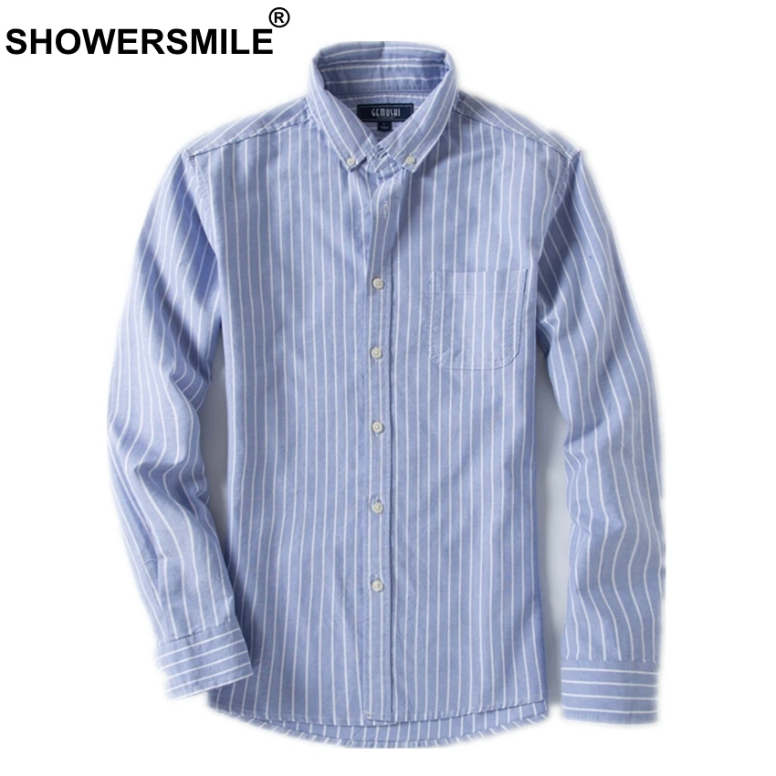

SHOWERSMILE Plus Size Blue Striped Shirt With Pockets 6XL Loose Casual Full Sleeve Shirt Mens 5XL Autumn Big Size British Style