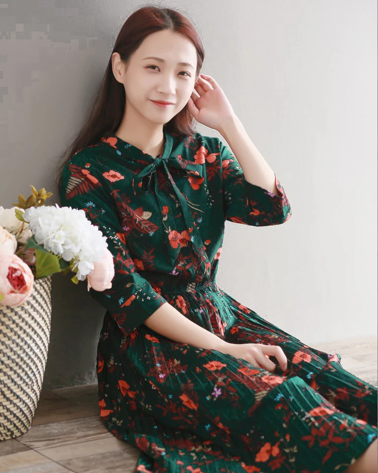Mori Girl зеленый цветок длинное платье Новинка Весна Лето для женщин цветочный принт шифоновые платья S-XXL японский плиссированные платья