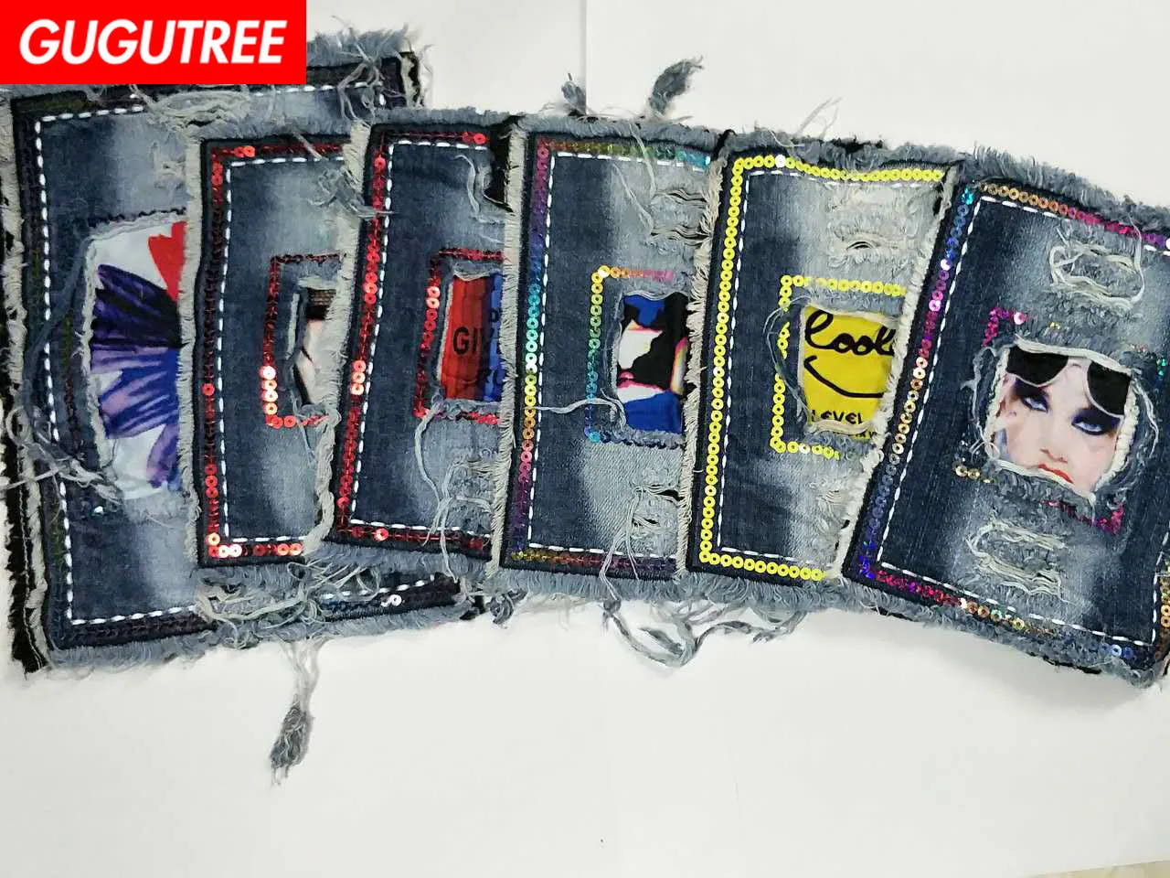 

GUGUTREE embroidery Sequins big jean patches star mouse patches badges applique patches for clothing XC-441
