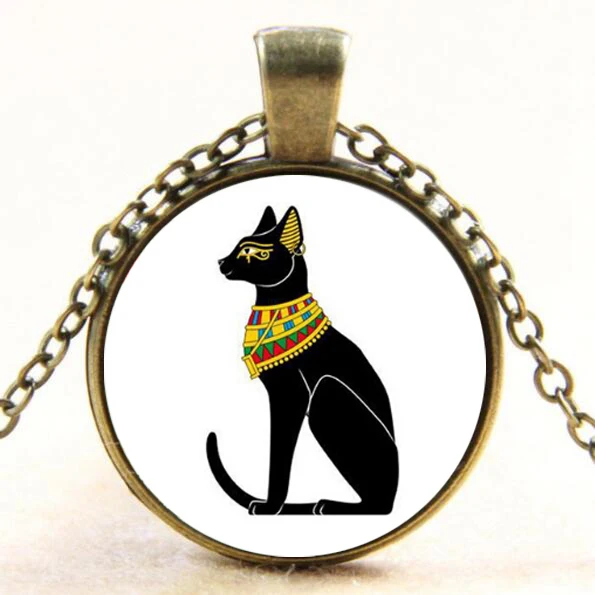 Egyptian Cat Gods Glass Dome Pendant Necklace Cat Jewelry Necklace For