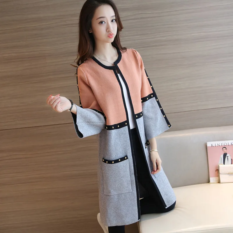 Free Size Women Sweater 2016 New Fall Winter Fashion Stitching Color Ladies Cardigans Brand Elegant Sweaters And Cardigans SW099