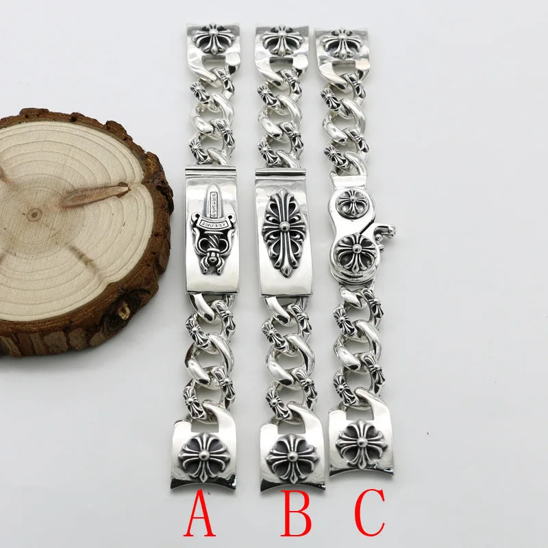 

S925 Sterling Silver Watch Chain Crucifix Sword Water Ghost Men And Women Burst Section Vintage Style Thai Silver Bracelet Homme