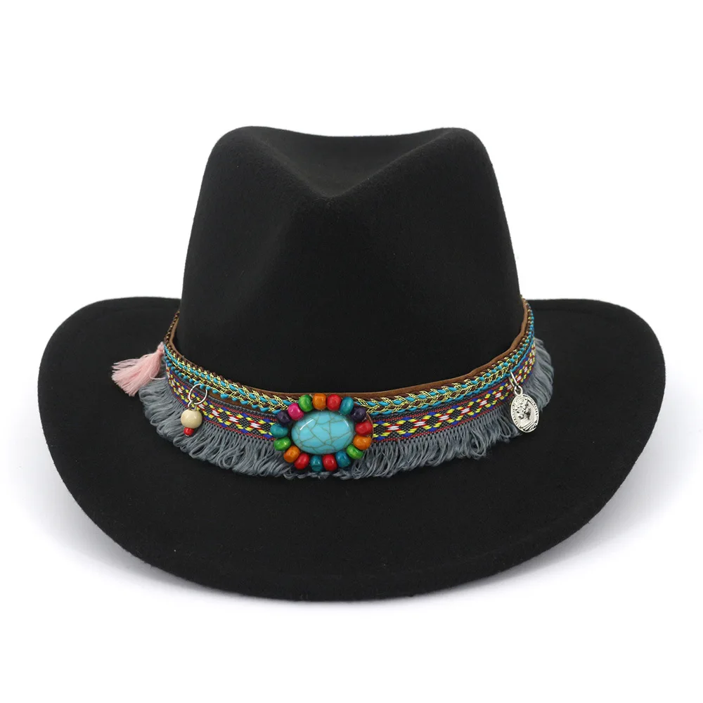 Женская шерстяная ковбойская шляпа в западном стиле с широкими полями, ковбойская джазовая Кепка для конного спорта с лентой в национальном стиле AD0853 - Цвет: Черный