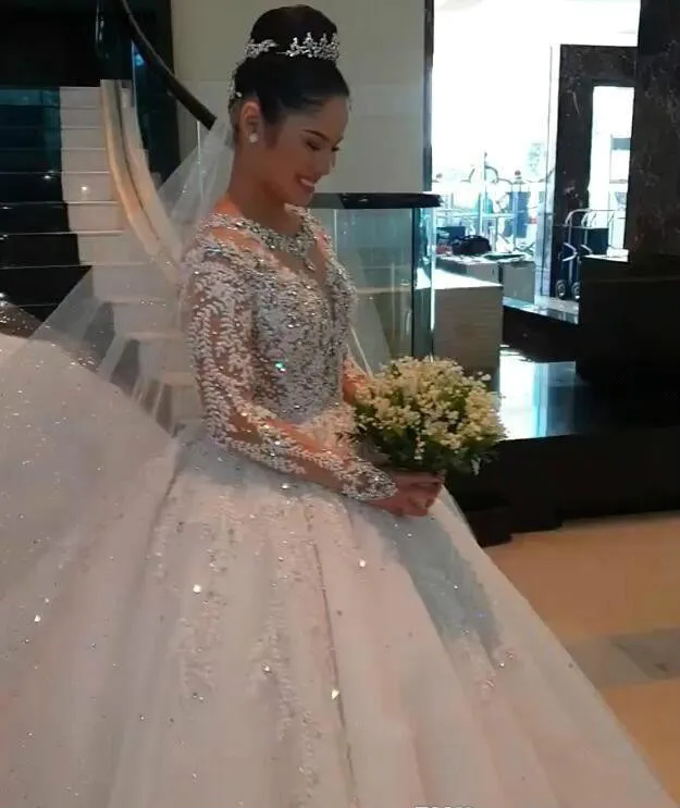 Modest Arabic Muslim Long Sleeves Wedding Dresses Puffy Ball Gowns Sheer Jewel Neck Appliques Sequins Beads Long Formal Bridal Gowns BC0895 239 (12)