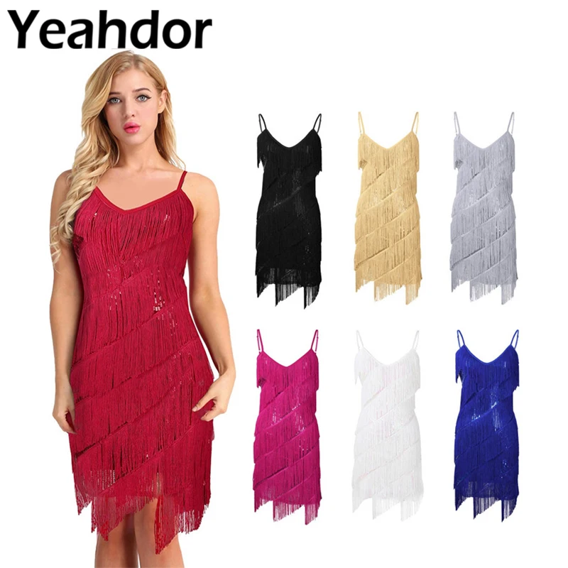 

Women Adjustable Spaghetti Straps Sparkling Sequins Fringe Tassel Dance Party Dress Gowns Samba Rumba Tango Latin Dance Dress