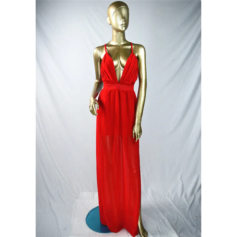 Ahmagen Deep V Neck Backless Spaghetti Strap Dress Slip Pleated Summer Beach Dress 2017 Sexy Long Maxi Boho Dresses15