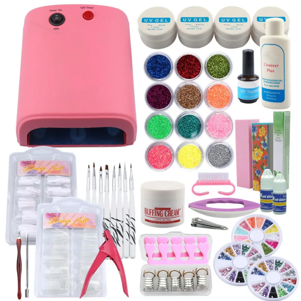 

UV Gel Nail Art Set With Nail 36W UV Dryer Lamp UV Gel Glitter Powder Kit Brush False Tips Nail Art Tools Kit For Manicure Set