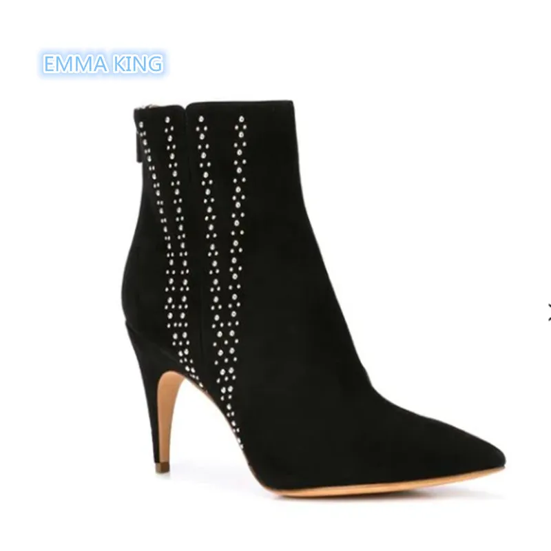 

2019 New Suede Ankle Boots Women Rivets Design High Heel Shoes Pointed Toe Stilettos Fashion Ladies Martin Boots Short Booties