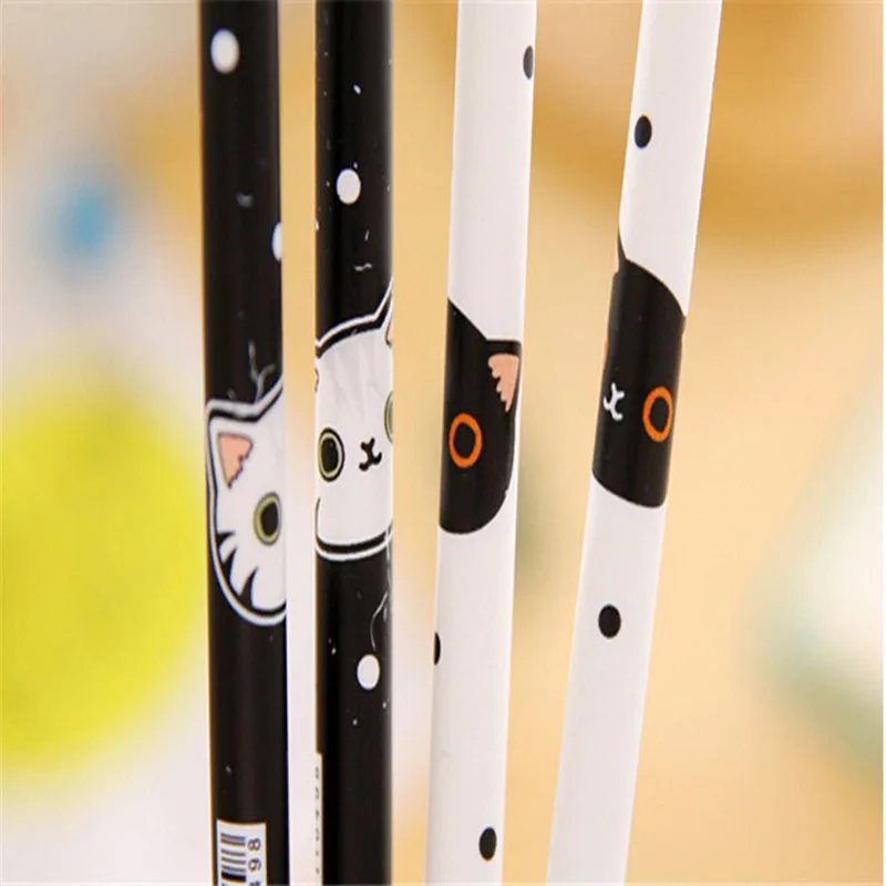 

4X Cute Black White Cat Pattern Gel Pen Writing Signing Pen School Office Supply Kids Gift Stationery 0.38mm Black Ink