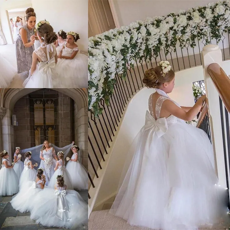 

2019 New hi-Lo Flower Girls Dresses Lace Applique Beads Of Shoulder Kids Formal Custom Made First Communion Girl Dresses