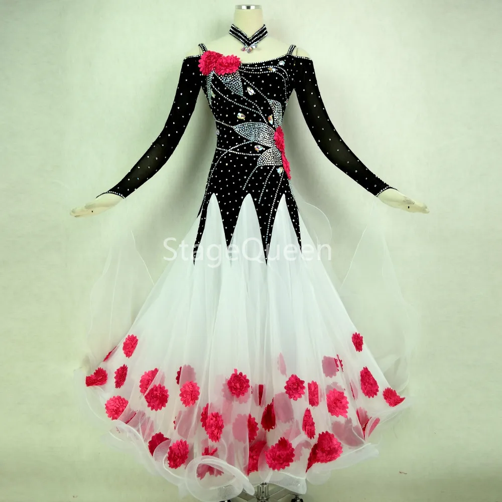 

Sparkly Crystals Long Sleeve Pattern Standard Lycra Ballroom Dance Dress Women Ladies Modern Waltz Costume Competition Dancewear