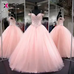 XCOS Длинные бальные платья 2018 Пышное Бальное платье Милая кепки рукавом сладкий 16 светло розовый бисером