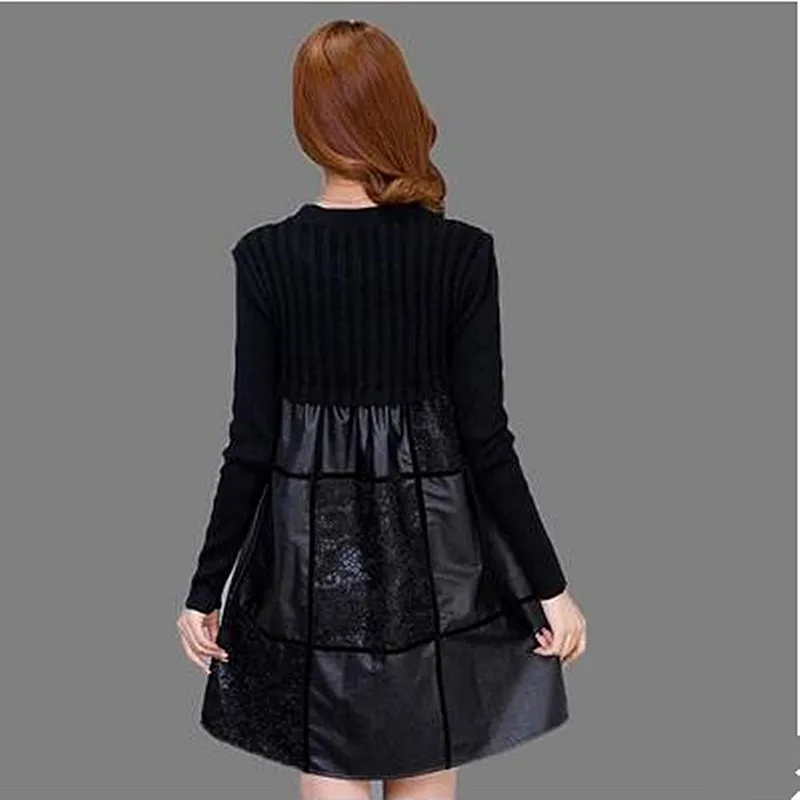 Платье размера плюс, Осеннее Европейское зимнее женское платье-свитер из искусственной кожи, кружевное платье с длинным рукавом, Черное Платье До Колена