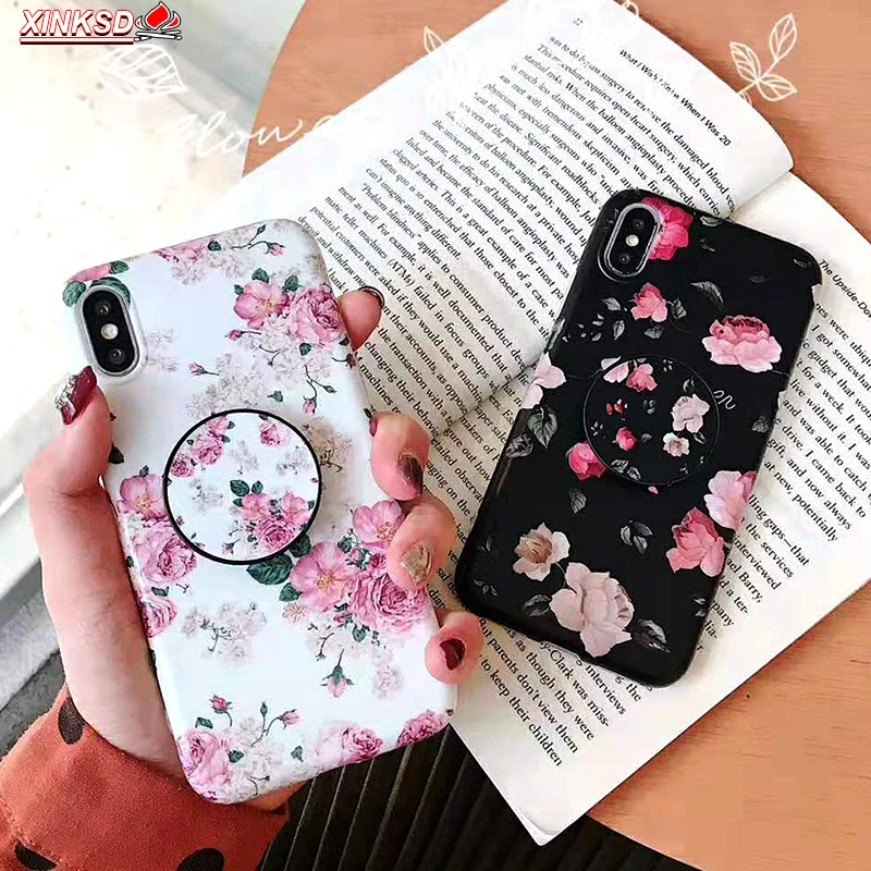 

Flower Silicon Phone Case For iPhone 7 8 Plus XS Max XR Rose Floral Cases For iPhone X 8 7 6 s 6S Plus Marble Bracket Soft Cover