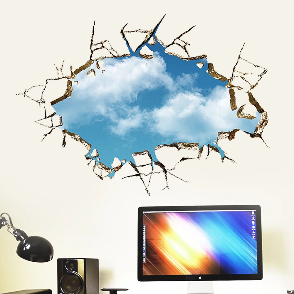 Голубое небо облако 3D эффект сломанной стены стикеры для гостиной спальни потолок украшения Съемный ПВХ материал обои плакаты