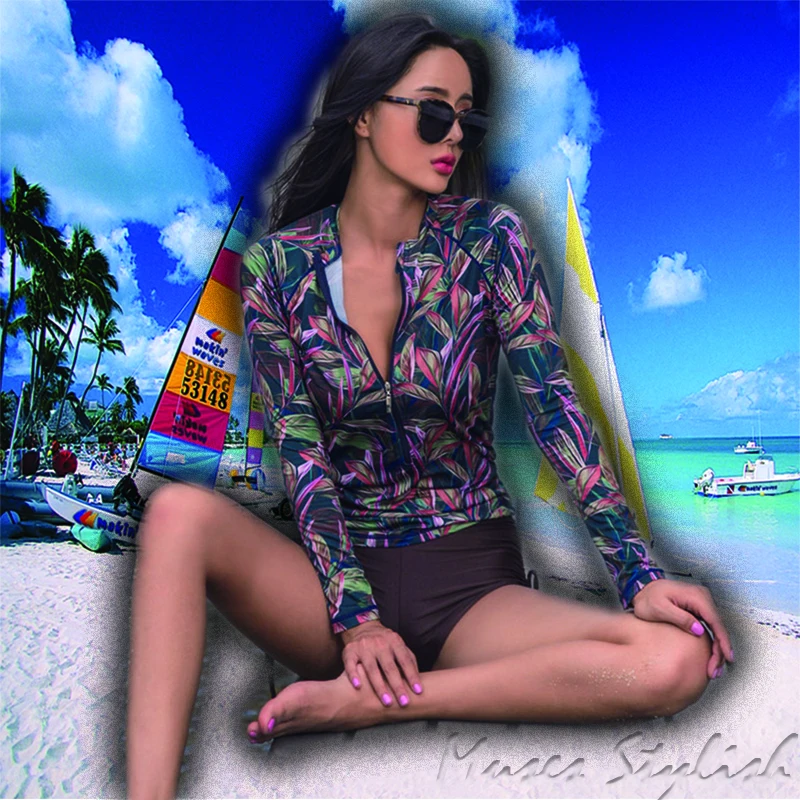 

Modest Women Long Sleeve High Waisted Bikini Set 2019 Sexy Front Zipper Padded Printed Swimsuit Bathing Suit Swimwear For Girls