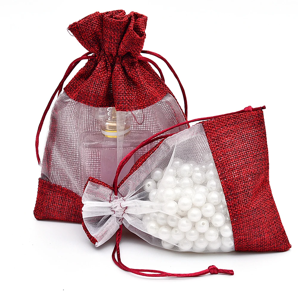 

3.9"x5.9" 5"x7" Wine Red Jute Burlap Gift Bag Jewelry Packaging Wedding Favor Bag Pouch Jute Gift Drawstring Bags 50pcs