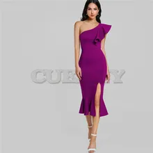 CUERLY Purple Ruffle One Shoulder Slit Sexy Dress Women 2019 Autumn High Waist Sleeveless Party Dress Elegant Long Dresses high slit long sleeveless cami dress