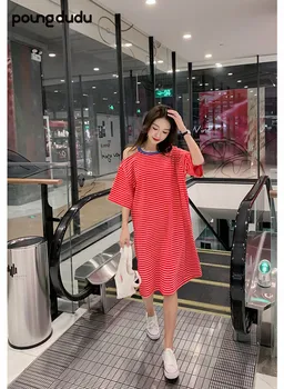 

Poungdudu maternity pregnant women summer dress pregnant women dress large size women's clothing Real shot spot Striped