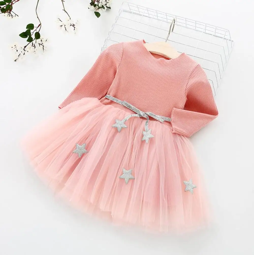 Christmas New Year dresses for baby girls clothing Knitted tutu dress Pentacle belt long sleeve party Vestidos clothes children - Цвет: Розовый