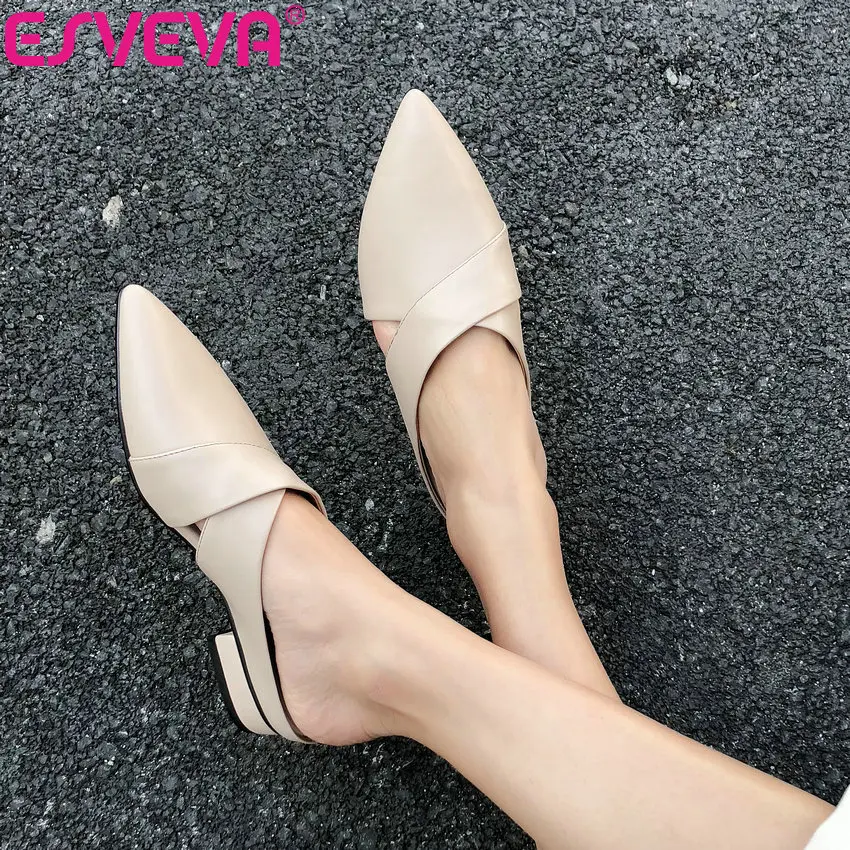 

ESVEVA 2020 Elegant Women Pumps Slingback Shoes Square Heels Slippers Summer Concise Pumps Women Shoes Pointed Toe Size 34-39