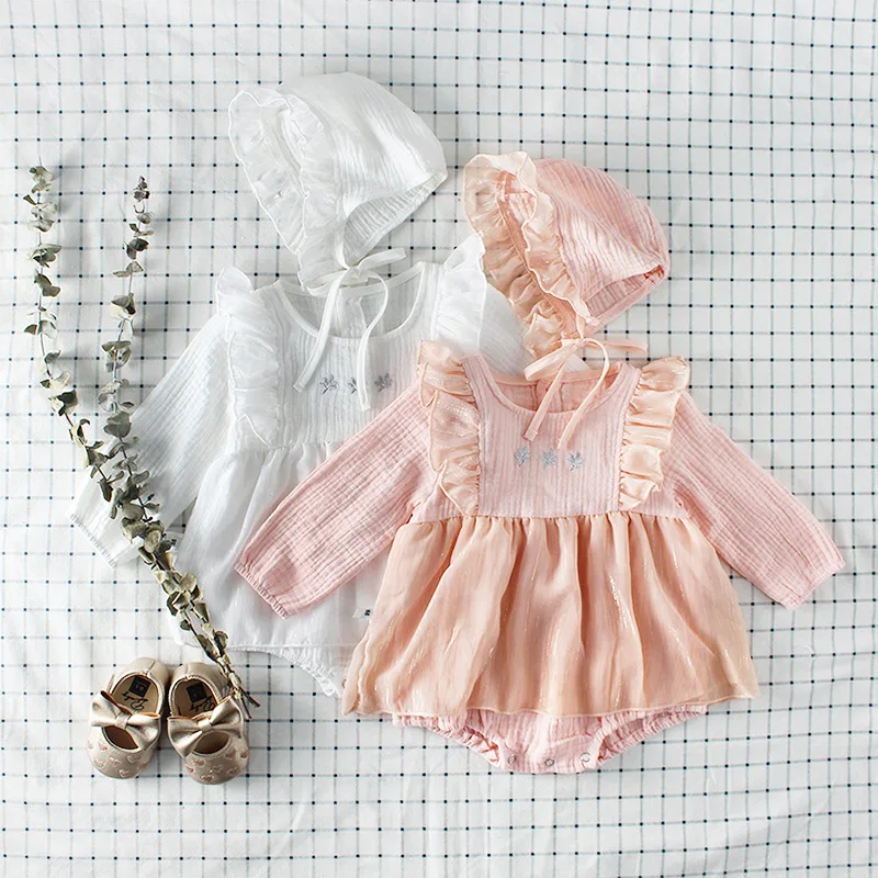 

2018 Autumn Romper Set 2pcs Baby Infant Girls Hat+Romper Cotton Embroidery Flowers Overall Kids Clothes Set Long Sleeve Jumpsuit