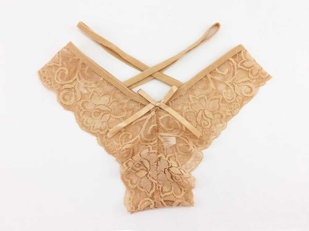 women\'s underwear sexy spagetti lace v shape brazilian thong summer beige