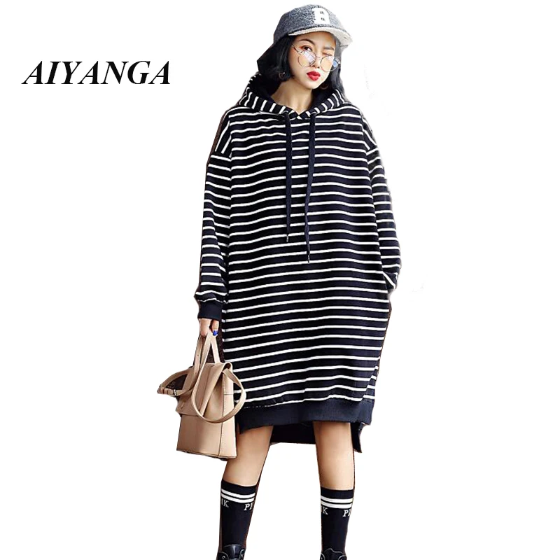 

Winter Hoodies For Women 2018 Thicken Fleece Cotton Warm Hoodies Striped Female Long Casual Pullovers Outerwear Loose Coats