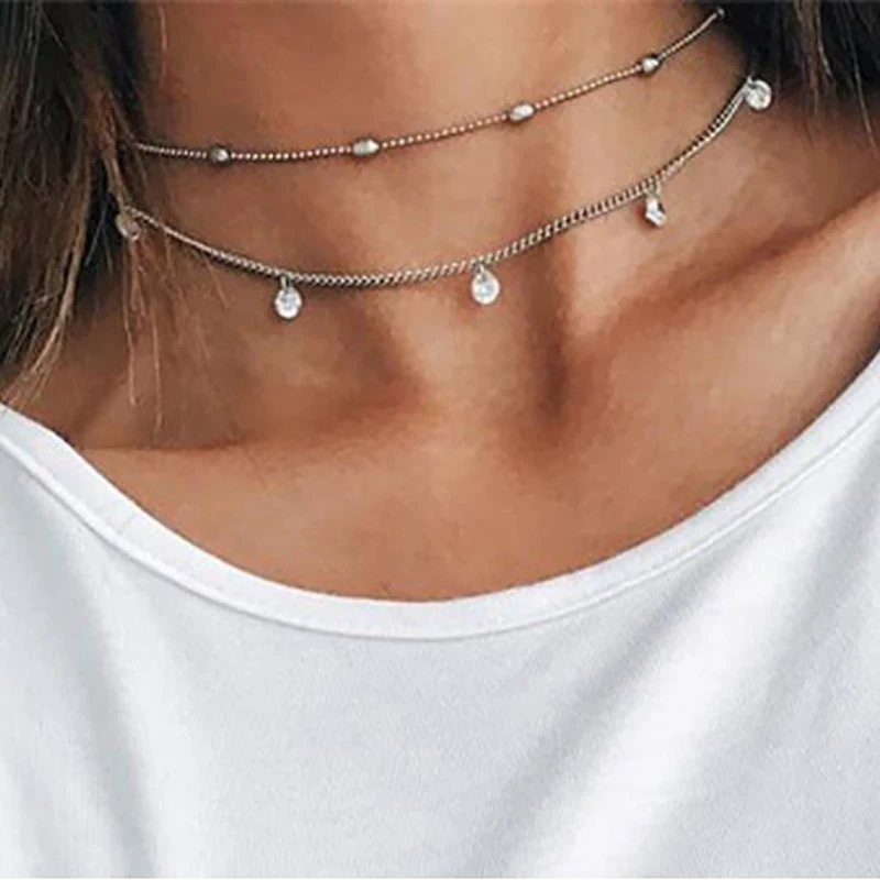 

Fashion Double Layered Colar Chain Necklace For Women Luxury Crystal Pendant Silver Color Choker Necklace Wedding Jewelry Gift