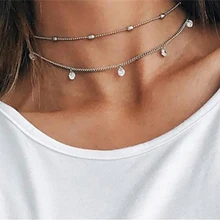 Fashion Double Layered Colar Chain Necklace For Women Luxury Crystal Pendant Silver Color Choker Necklace Wedding Jewelry Gift Fashion Double Layered Colar Chain Necklace For Women Luxury Crystal Pendant Silver Color Choker Necklace Wedding Jewelry Gift