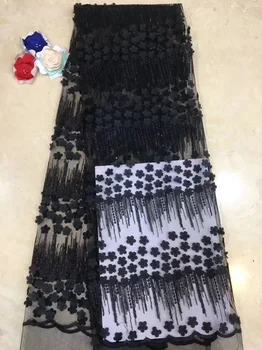 

(5yards/pc) high grade African 3D flowers net lace fabric plain black tulle lace fabric with sequins for party dress FZZ062