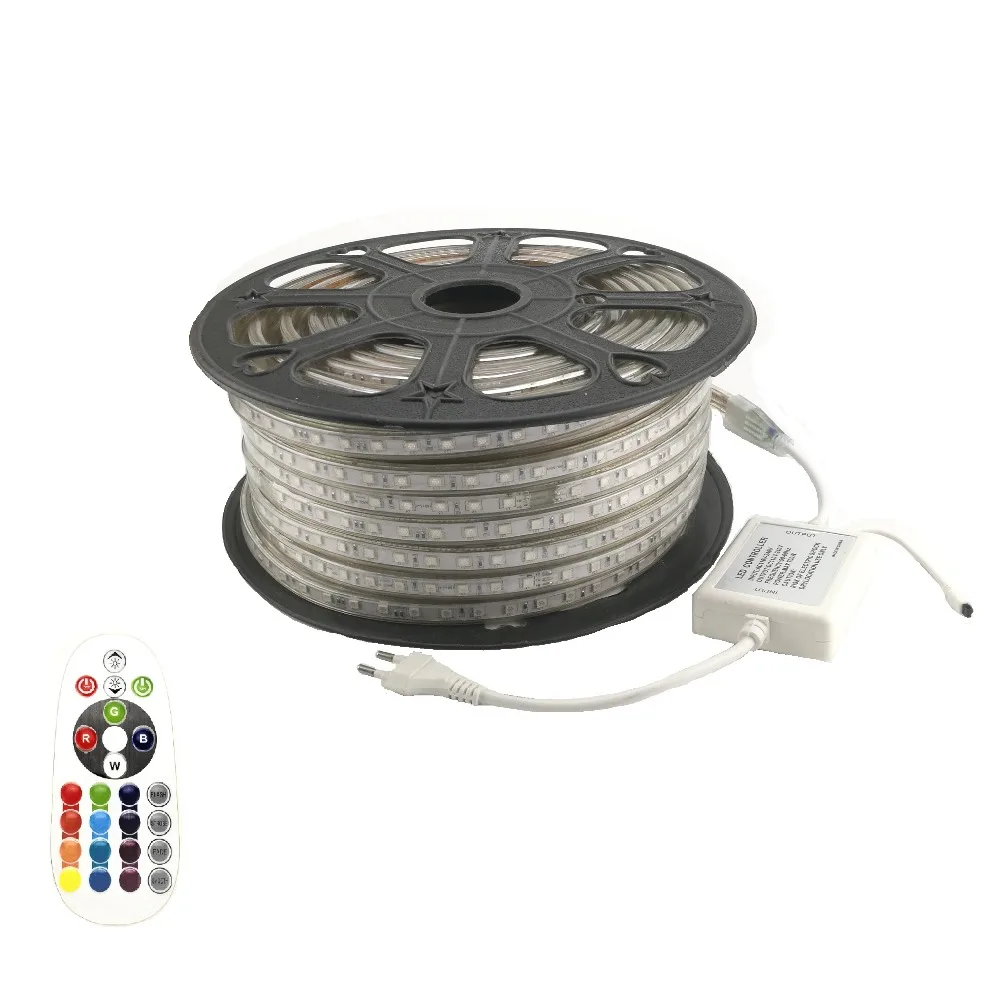 

5M - 50M 5050 LED RGB Strip Light AC 220 V Band with 24 Button IR Remote Controller for Hotel KTV Bar Disco Party Home Lighting