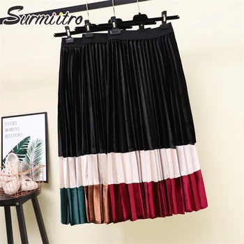 

Surmiitro Autumn Winter Velvet Midi Pleated Skirt Women 2019 Fashion Patchwork Ladies Korean High Waist A Line Skirt Female