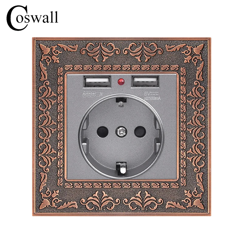 Coswall Высококачественная ретро-панель из цинкового сплава 16A серая Европейская стандартная настенная розетка с двойным USB 2.1A зарядным портом рельефная панель
