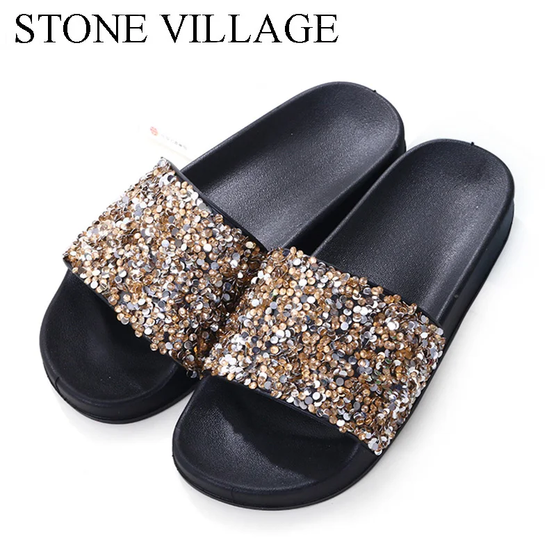 

Diamond Bling Fashion Candy Color Flip Flops Women Outside Flat Shoes Summer Women Slippers Thicken Beach Slides Sandals