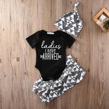 

Pudcoco Children Infant Boys Clothes Set Summer Short Sleeve Bodysuit Pants Cap Hats Letter Ladies I have Arrived