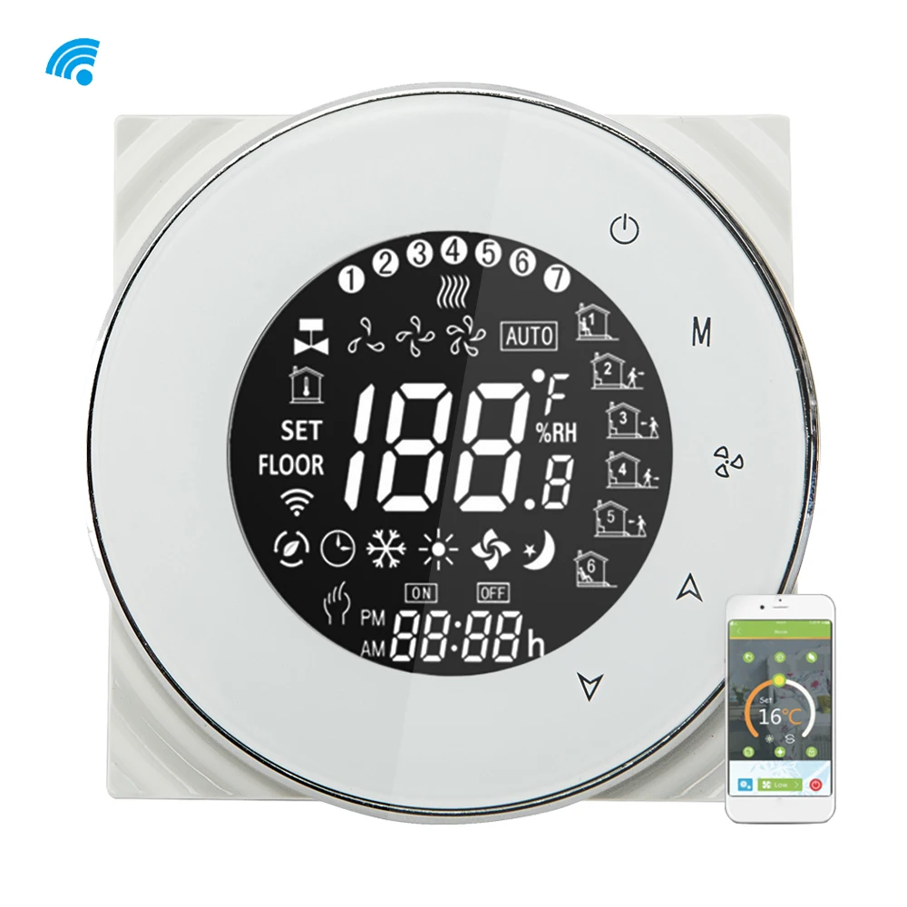 

Vioce WiFi Control Programmable Fan Coil Thermostat Touchscreen Central Air Conditioner Temperature Controller 4 Pipe 110-240V