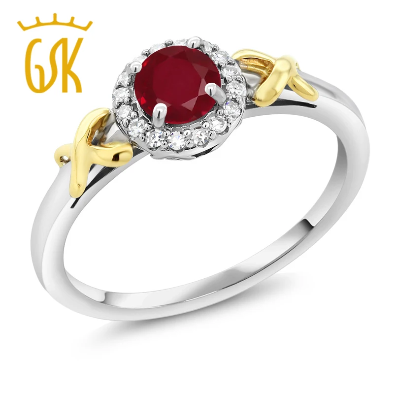 Gemstoneking 10 К Two Tone ЗОЛОТО 0.55 CT круглый красный рубин кольцо с акцент бриллианты
