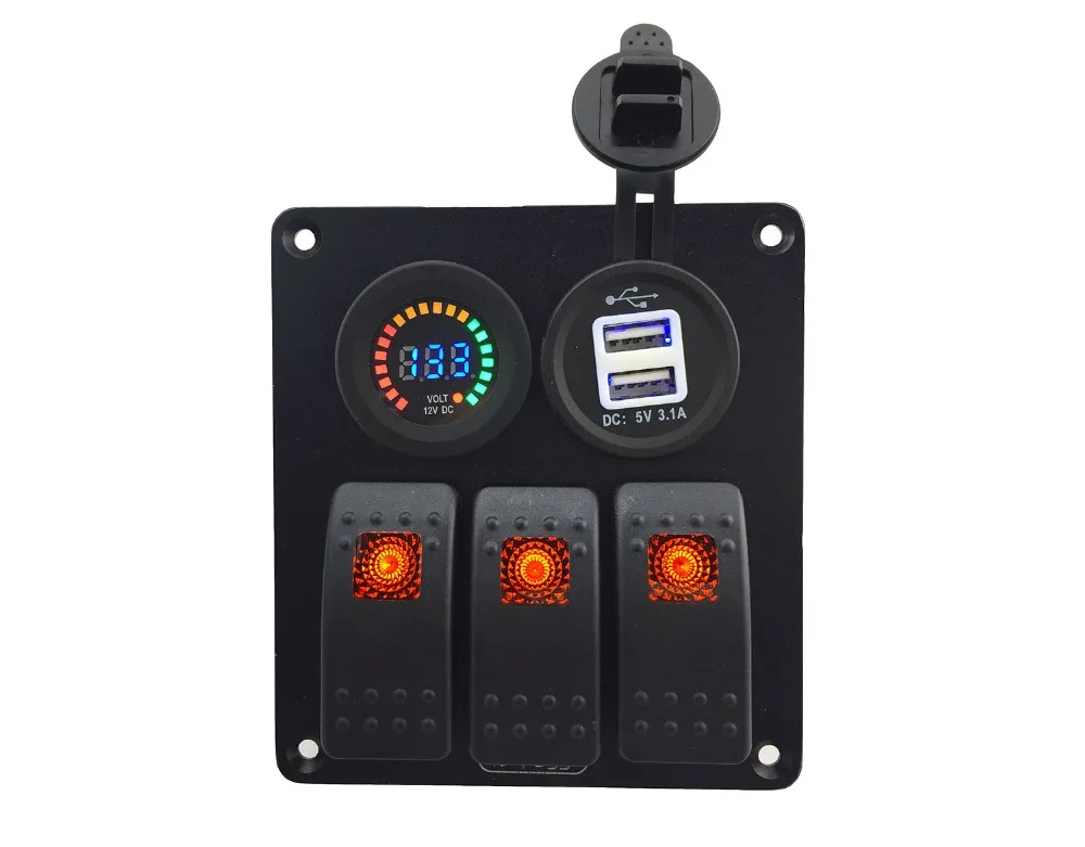 

DC12V-24V voltmeter + Double USB 3.1A Power Outlet Charger Socket 3 Gang Orange Rocker Switch Panel for Marine Boat Car Rv Vehic