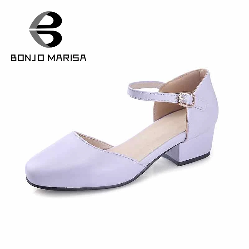 

BONJOMARISA Autumn Sweet Purple Round Toe Female Mary Janes Shoes Woman Ankle Strap Med Square Heels Pumps Plus Size 30-47