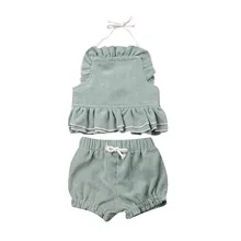 Изысканная детская одежда для новорожденных, детская одежда для маленьких девочек летний топ c бретелькой через шею без спинки комплект с шортами Комплект одежды